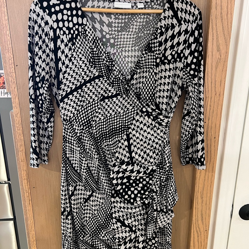 New York & Company Black and White Mixed-Pattern Wrap Dress - Long Sleeve